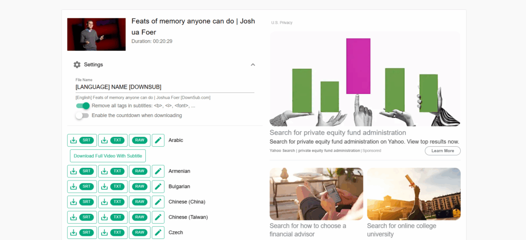 DownSub – Extract Existing YouTube Subtitles Transcript