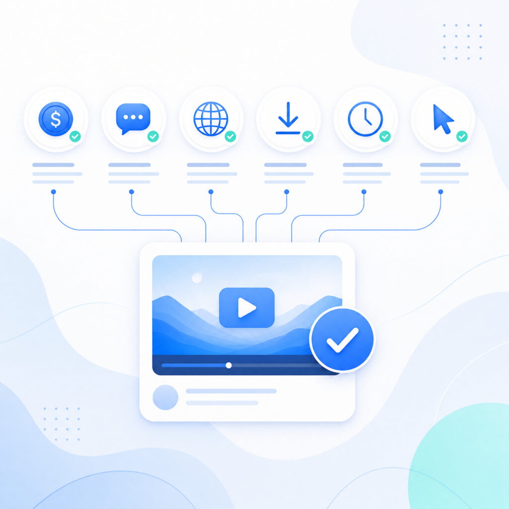An illustration showing evaluation criteria for YouTube to text tools: free tier, accuracy, languages, and export formats