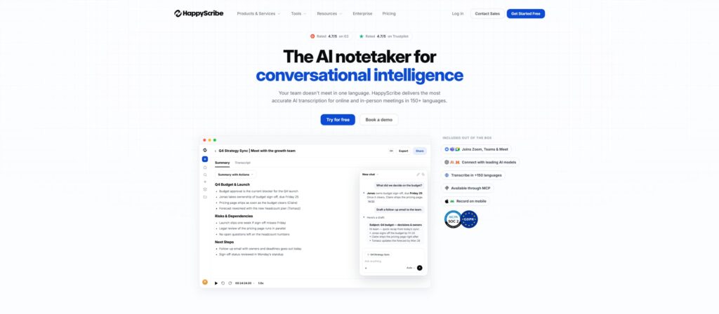 HappyScribe workspace showing an AI notetaker transcript, meeting summary, and follow-up insights