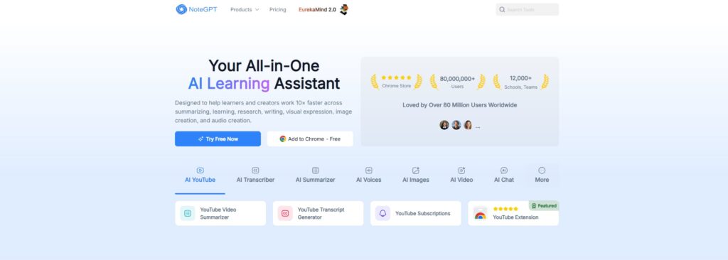 NoteGPT learning assistant dashboard with YouTube summarization, transcript generation, and study tools