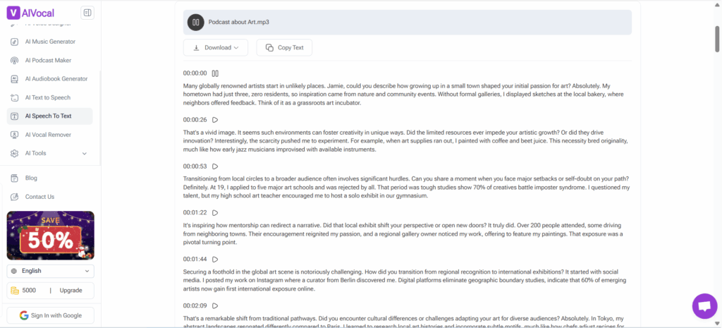 AIVocal offers a versatile speech to text free platform that excels at handling complex audio files with multiple speakers.