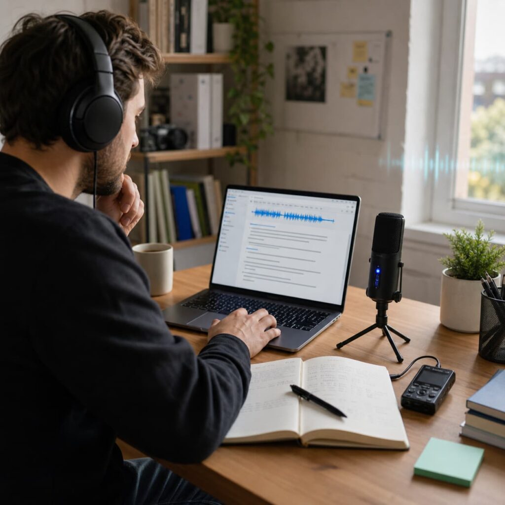 Person reviewing an audio transcript on a laptop with headphones and recording equipment