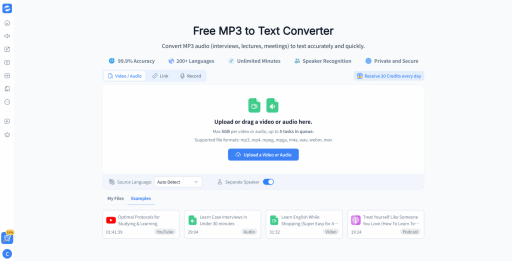 Audio Converter AI MP3 upload screen for convert MP3 to lyrics, with language detection, speaker separation, and example files