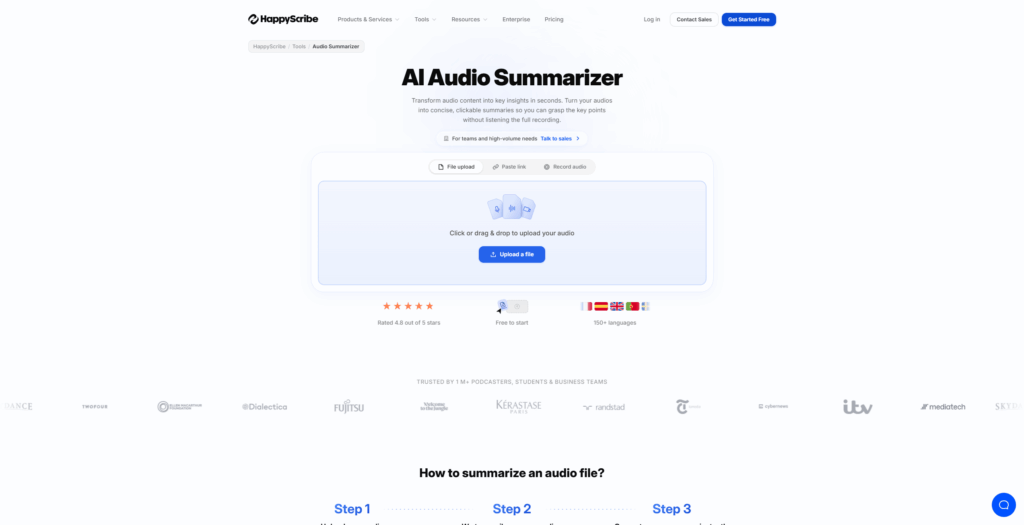 HappyScribe AI Audio Summarizer upload page for generating summaries from audio files