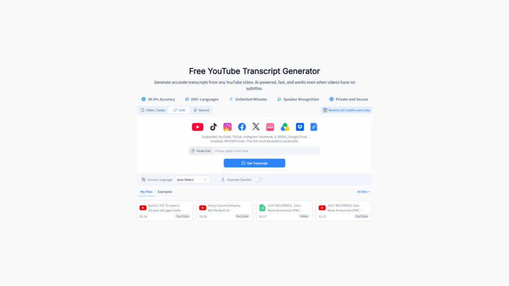 Audio Converter AI YouTube transcript generator with a YouTube link field, language selector, speaker separation, and transcript button