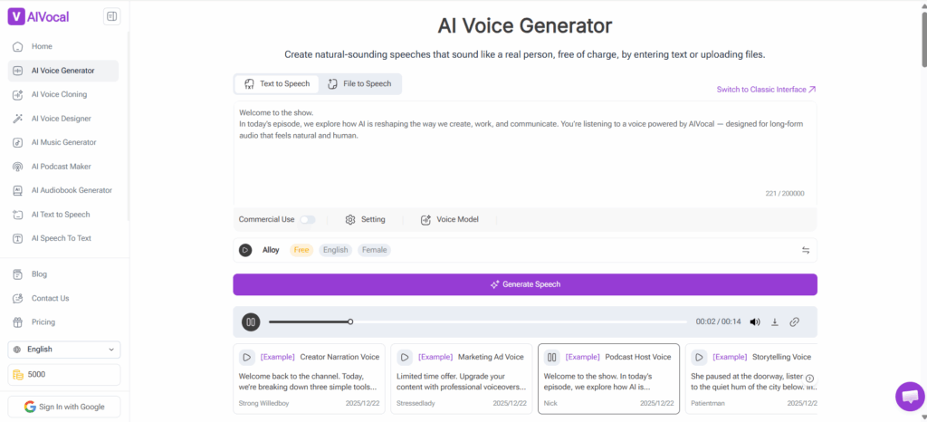 AIVocal: Best for Wide Language Coverage With No Sign-Up