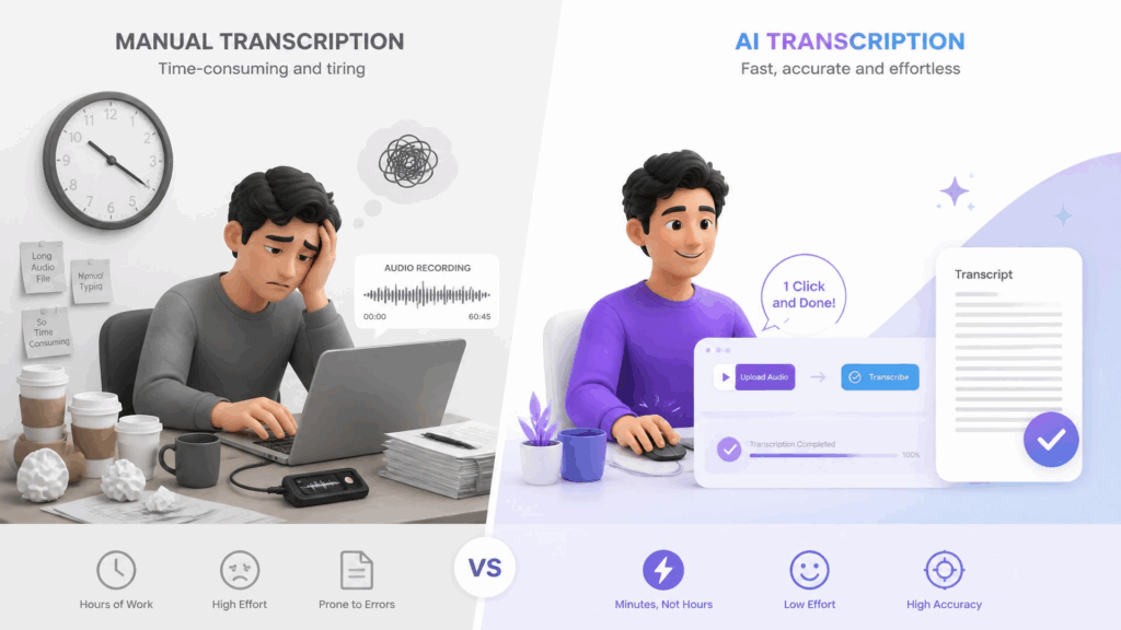 Manual typing for hours versus AI transcription in minutes