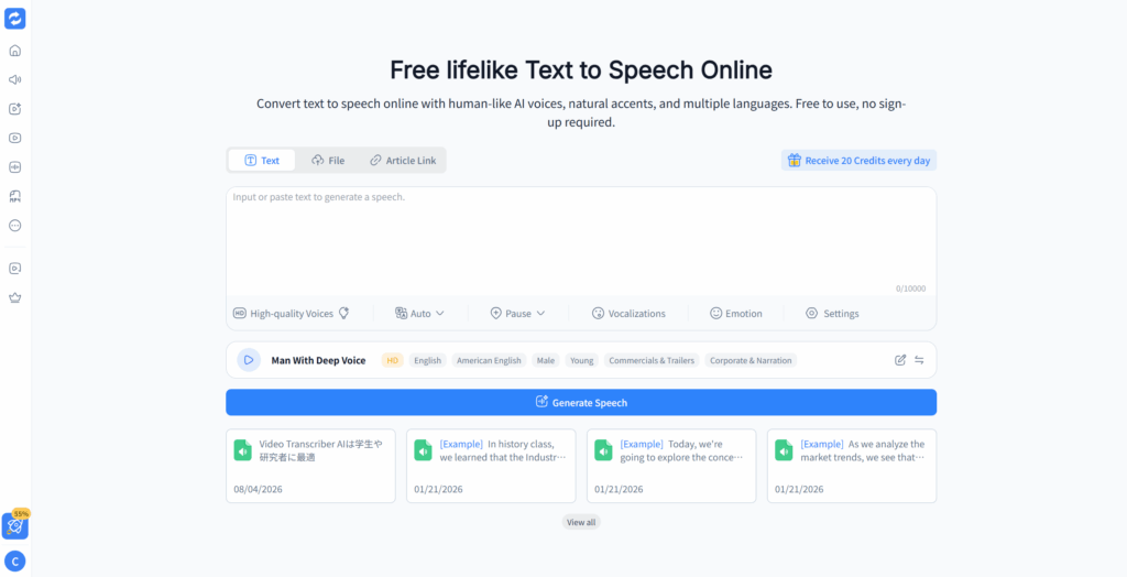 Audio Converter AI text to speech for YouTube interface with text, file, and article link inputs, voice selection, language settings, and Generate Speech button