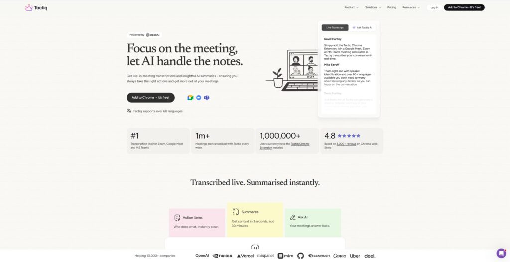 Tactiq interface showing live transcription, AI-generated meeting summaries, and follow-up questions