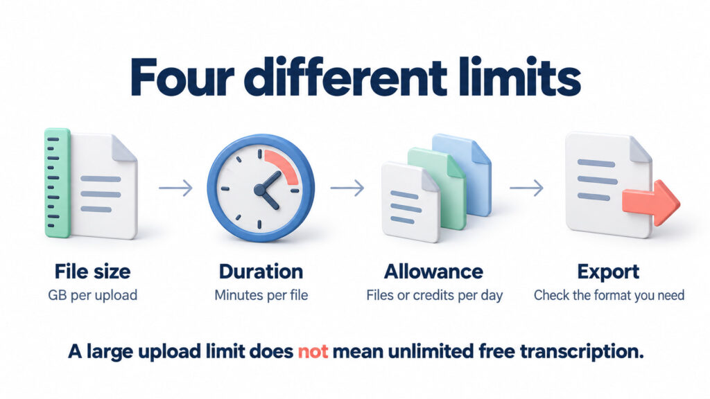 Four different limits: file size, duration, daily allowance and export