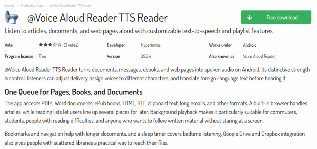 @Voice Aloud Reader text to speech for students page showing support for articles, documents, web pages, playlists, and Android playback