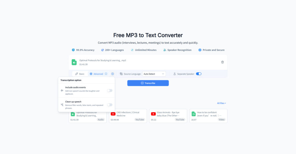 Audio Converter AI language and speaker settings for an mp3 to text transcription