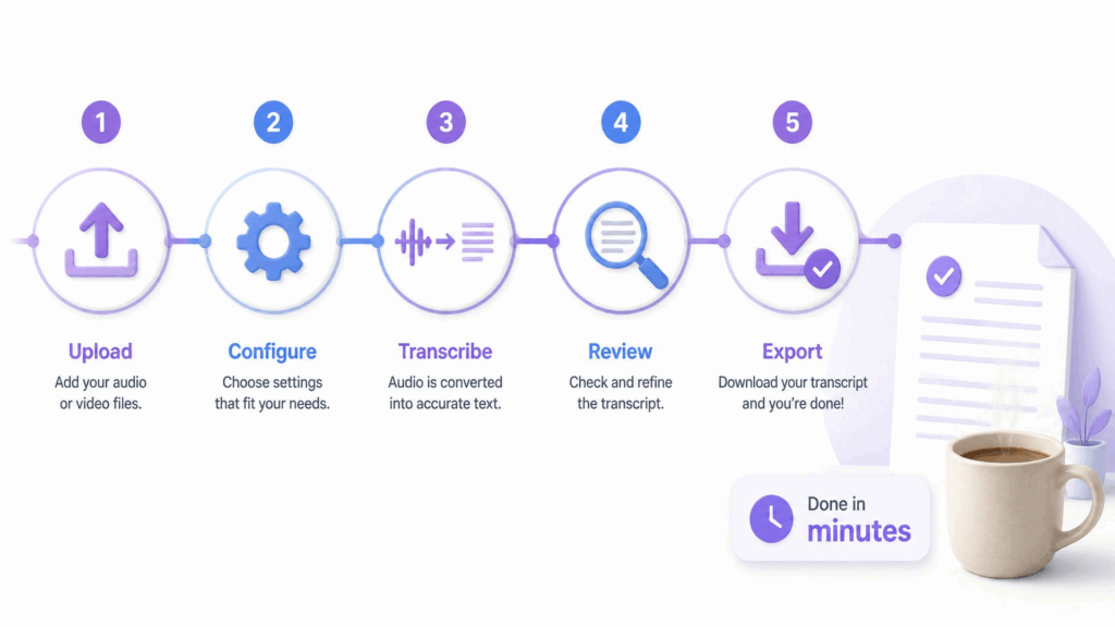 The five-step workflow from upload to export, finished before the coffee gets cold