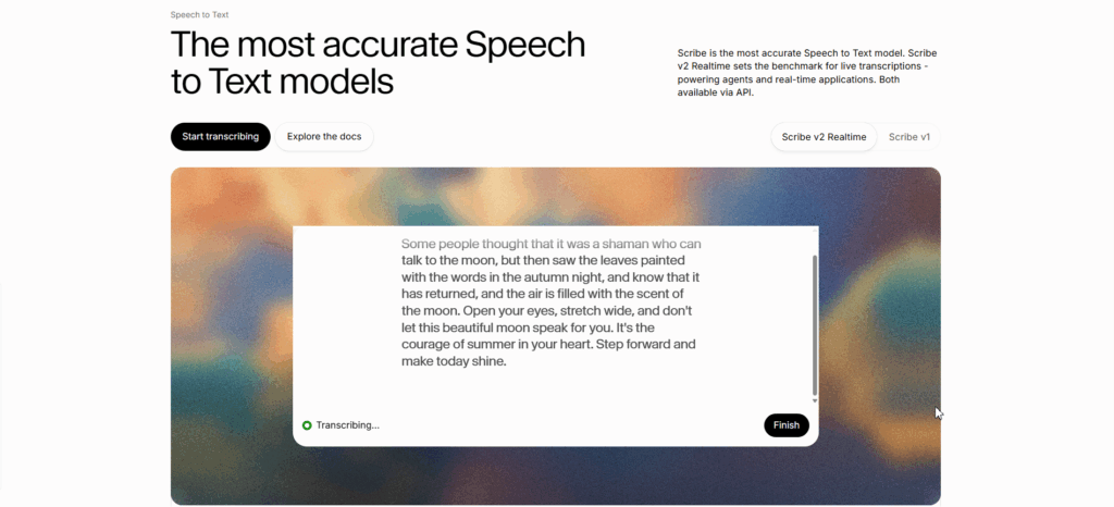 ElevenLabs brings cutting-edge AI models to speech to text free transcription, emphasizing accuracy and clean output.
