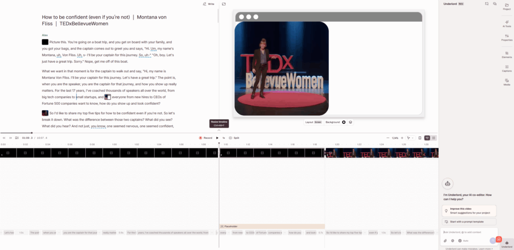 Descript editor showing transcript-based video and audio editing timeline