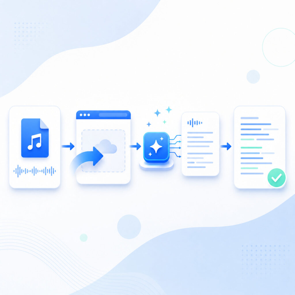 Four-stage convert MP3 to lyrics workflow showing an MP3 file, upload, AI transcription, and formatted lyrics