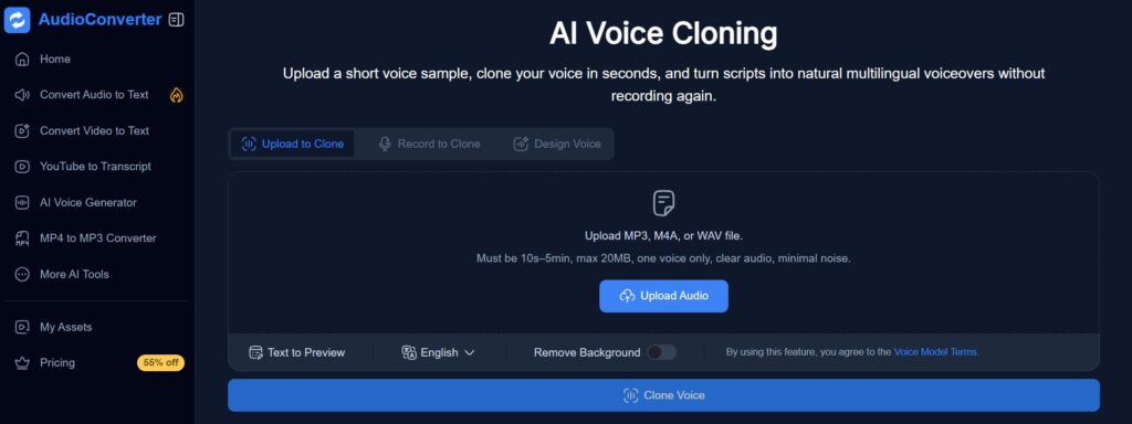 Audio Converter AI is built for creators who want online voice cloning without the steeper learning curve of elevenlabs voice cloning