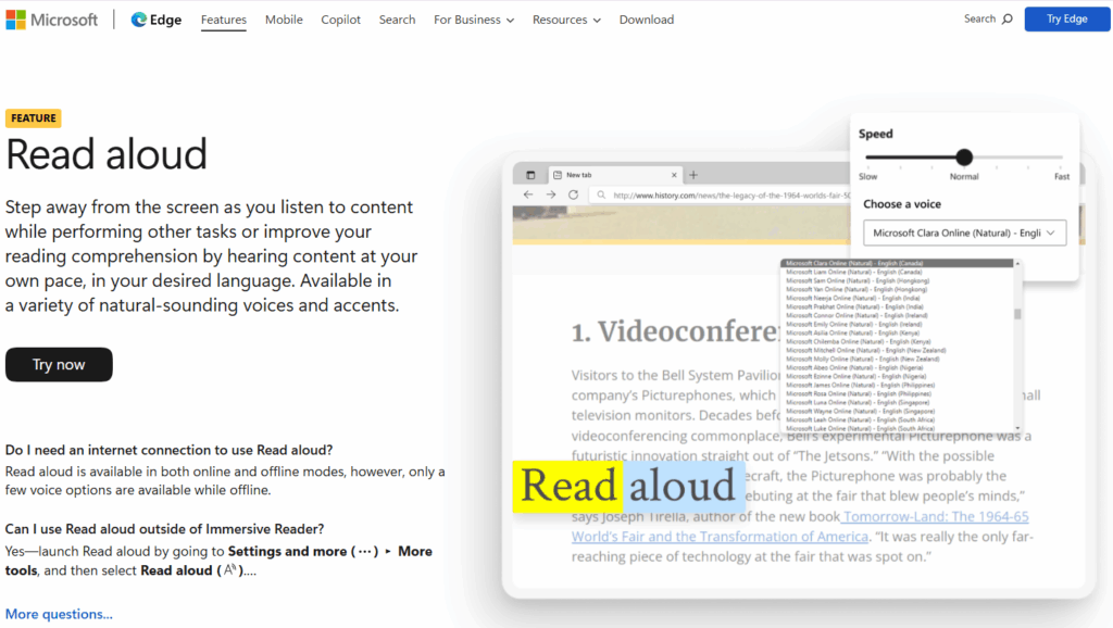 Microsoft Edge Read Aloud feature for text to speech for students with voice selection, reading speed controls, and highlighted web content