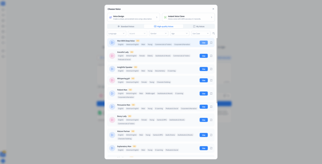 Audio Converter AI voice selection panel for listen to articles showing voice styles, languages, accents, and use cases 5.