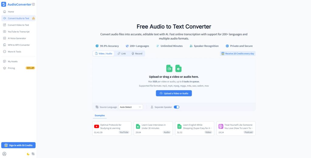 Audio Converter AI audio to text upload page with language detection and speaker separation options