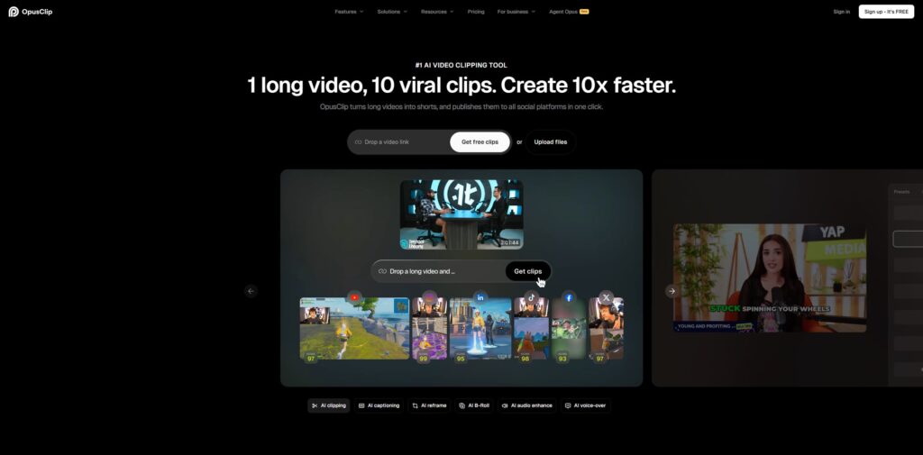 OpusClip interface for uploading a long video and generating short social media clips