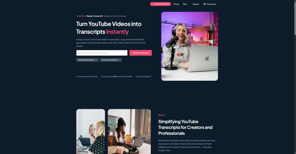 YouTube Transcript page with a URL input and Go button for retrieving video captions