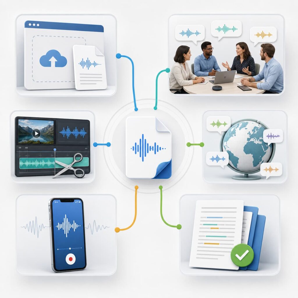 Audio to text workflow for uploads, meetings, video editing, voice recording, translation, and document review