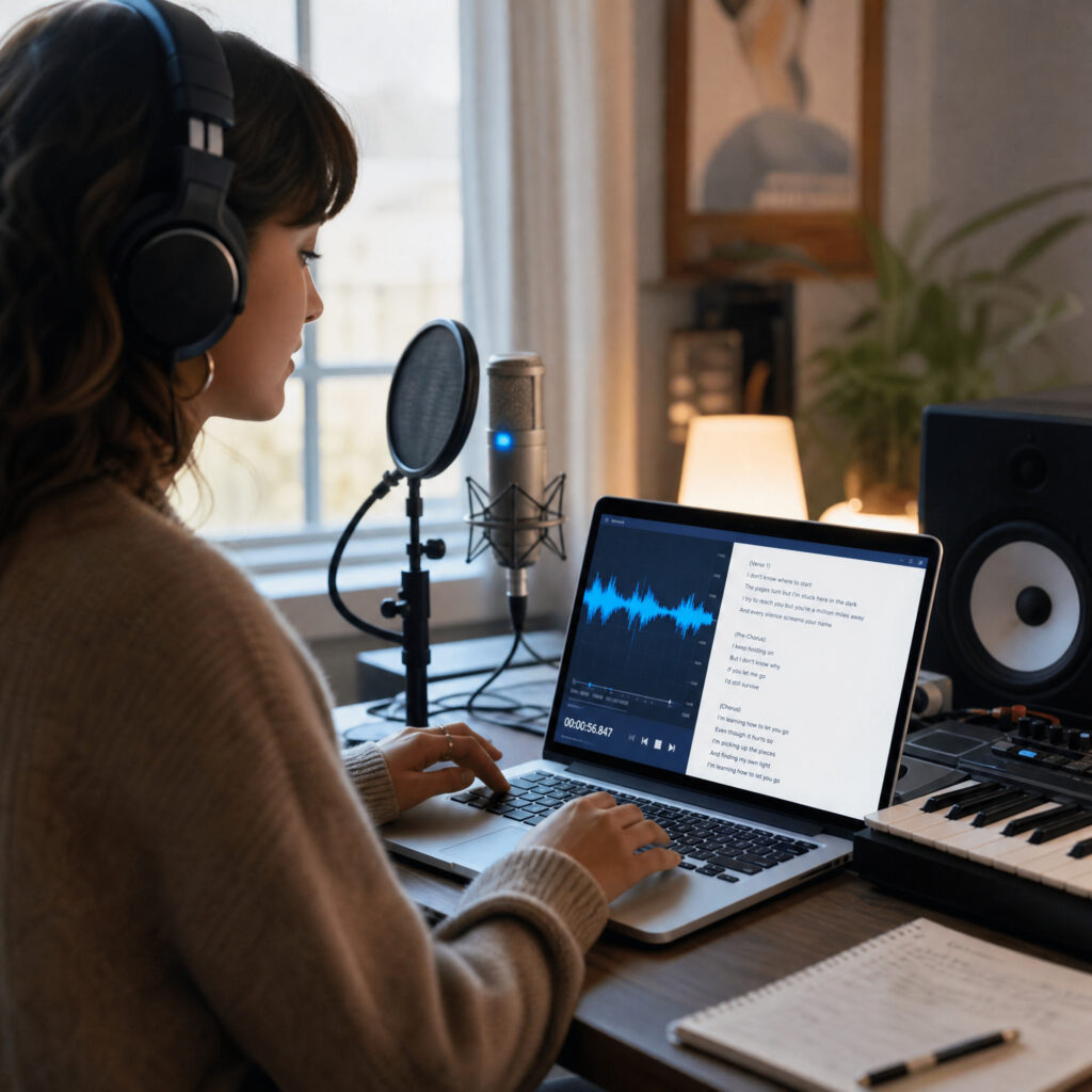Songwriter using a microphone, laptop, and audio waveform while reviewing a convert MP3 to lyrics transcript