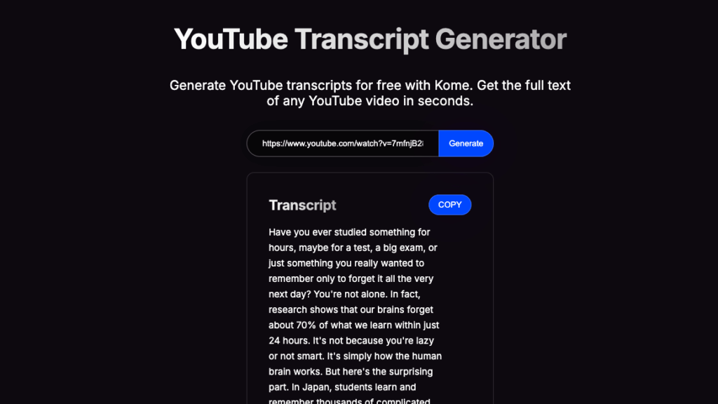Tool 5: Kome.ai – 100% Free AI Tool to Get YouTube Transcript