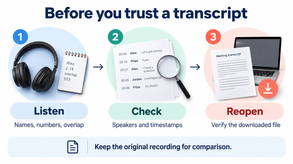 Conceptual transcript review sequence: listen, check speakers and timestamps, then reopen the downloaded file