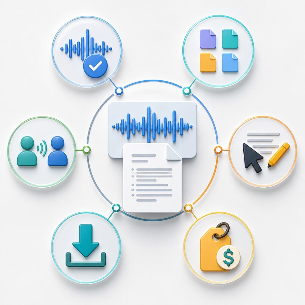 Key factors for comparing audio to text tools, including formats, speakers, exports, editing, and pricing