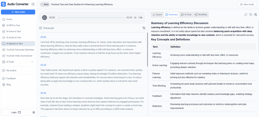 Audio Converter AI stands out as a powerful speech to text free solution designed specifically for handling lengthy audio files with professional-grade accuracy.