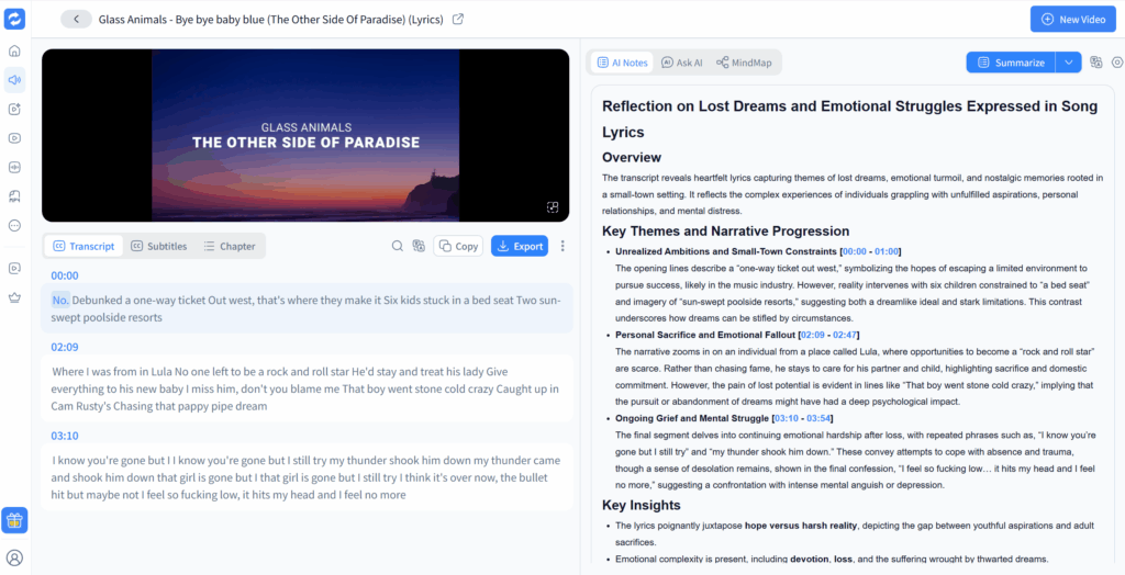 Audio Converter AI transcript workspace for convert MP3 to lyrics, showing timestamped text, subtitles, chapters, and export controls