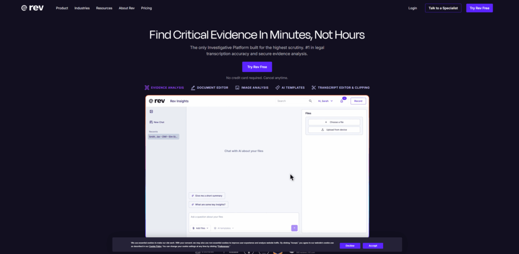 Rev platform interface for transcription, evidence analysis, and document review
