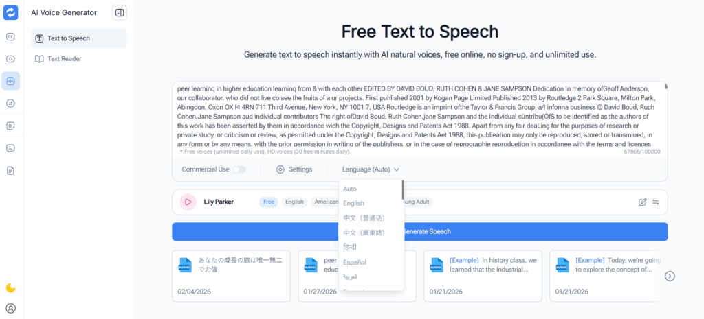 Audio Converter AI Text to Speech Tool – High-Capacity Online TTS