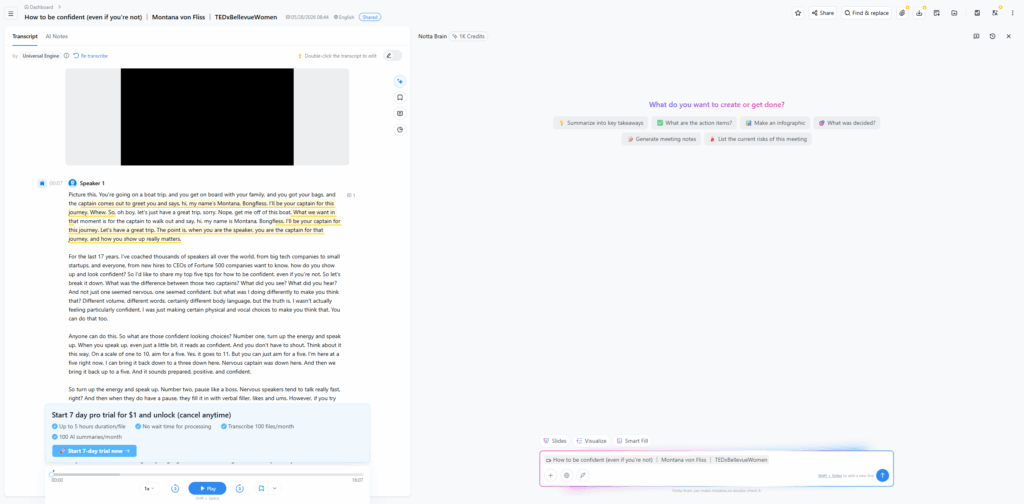 Notta transcript workspace with AI summary prompts and meeting notes tools