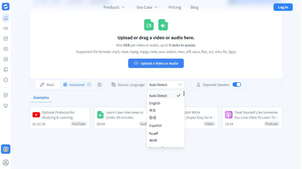 Audio Converter AI Source Language menu expanded with Auto Detect and named languages