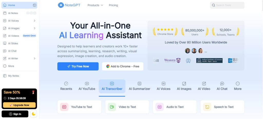 NoteGPT – Best for Converting Lectures into Study Notes