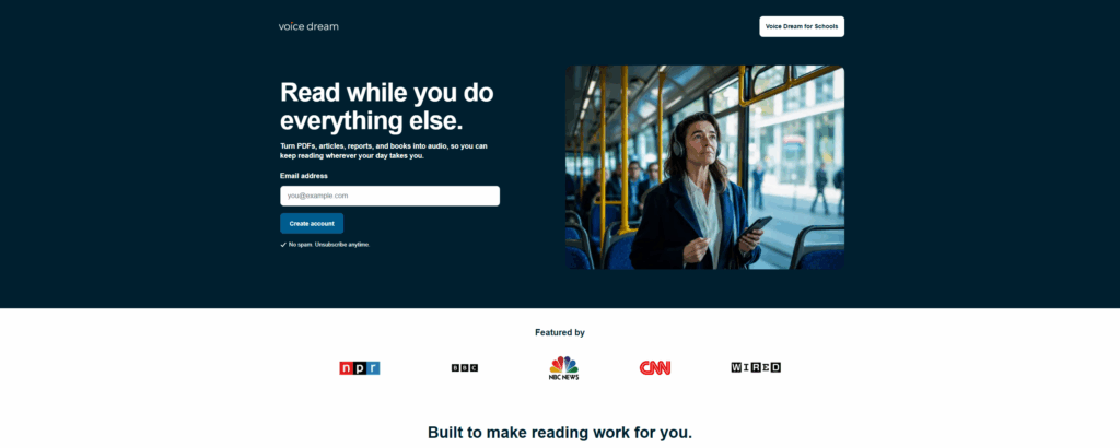 Voice Dream Reader text to speech for students landing page for listening to PDFs, articles, reports, and books