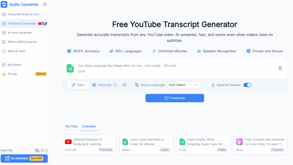 Step 2: Choose Your Language and Transcription Settings