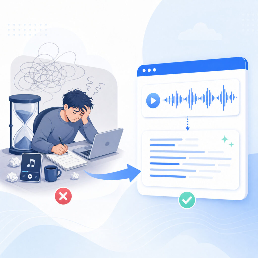 Illustration showing how a convert MP3 to lyrics workflow turns a difficult audio recording into readable song text