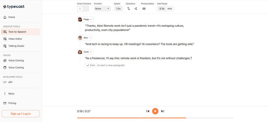 Typecast AI - Best for Character and Storytelling Voices