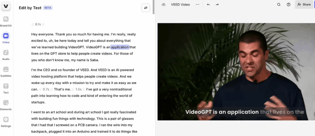 VEED – Transcript-Based Video Editing Interface