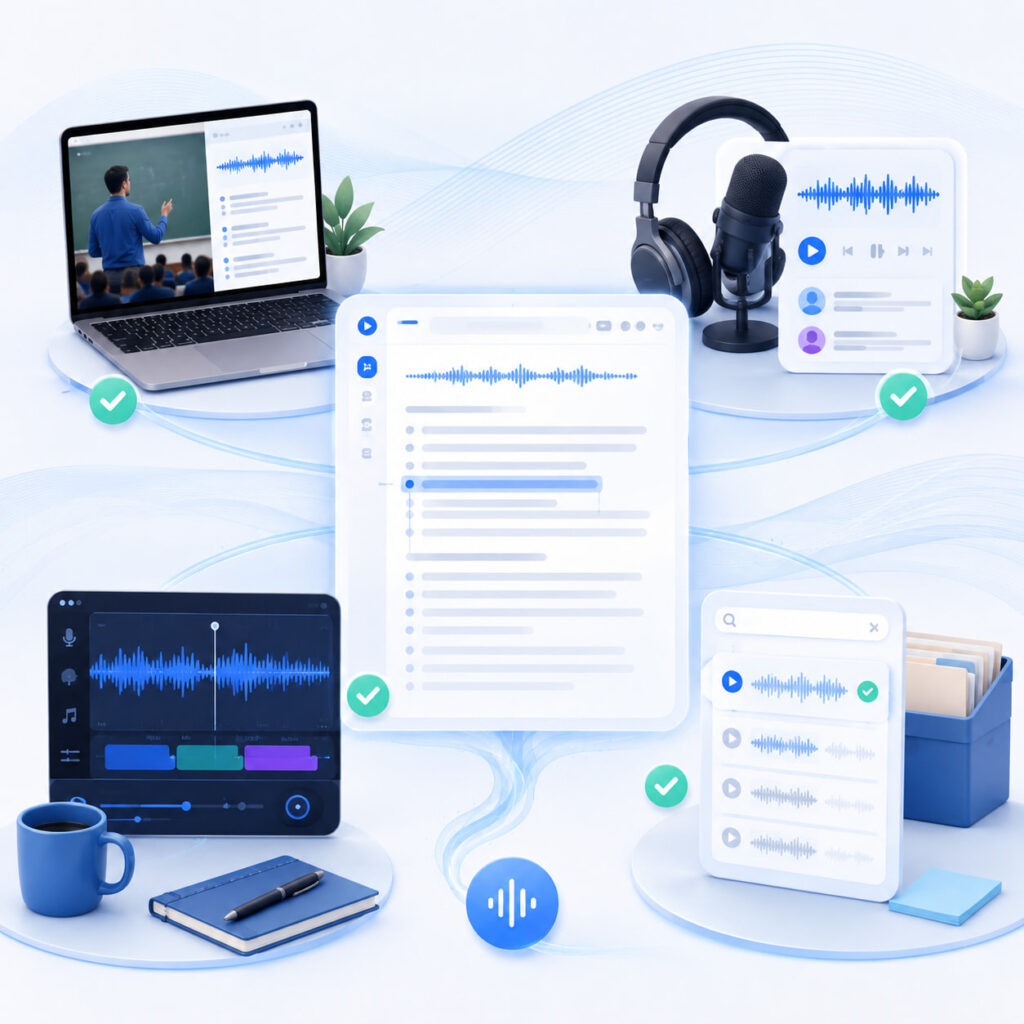Lecture, interview, podcast, and voice memo use cases for an mp3 to text workflow