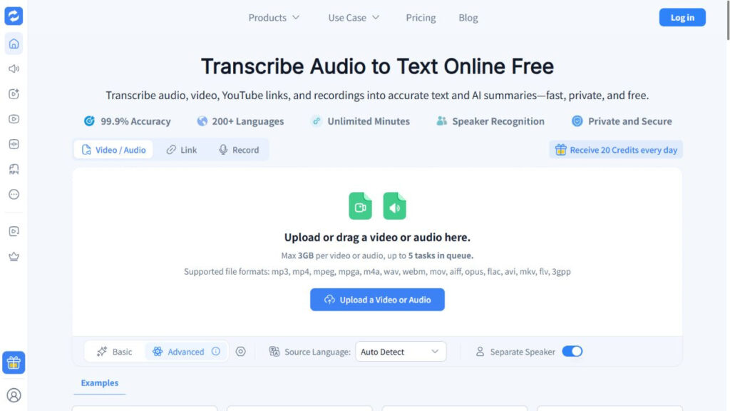 Audio Converter AI upload interface showing supported formats, a 3GB limit and five queued tasks