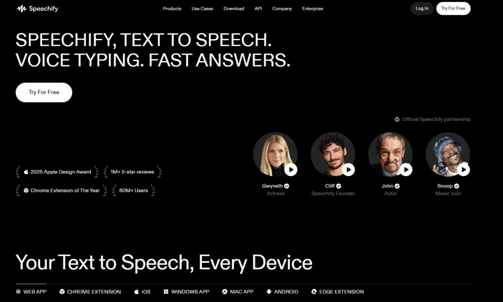 Speechify text to speech for students homepage showing text-to-speech features, supported devices, and voice samples