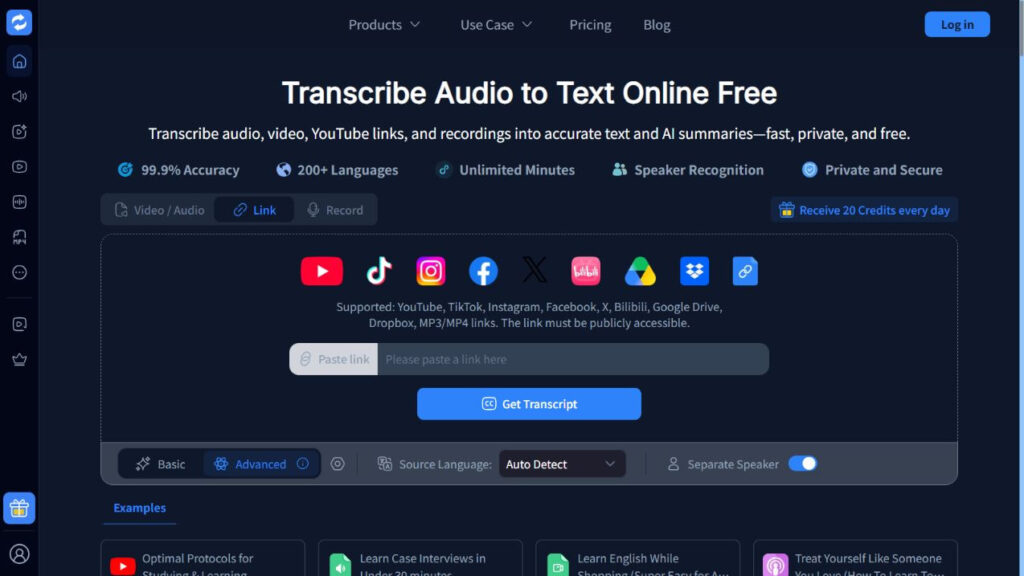 Audio Converter AI Link tab showing a public-access requirement and Get Transcript button