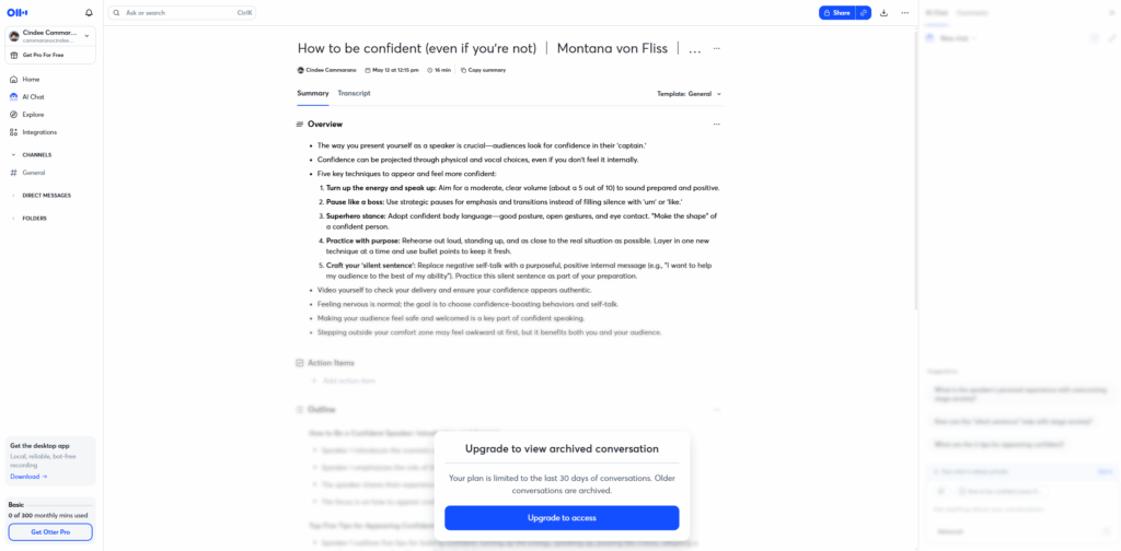 Otter meeting transcript with summary, action items, and shared notes interface
